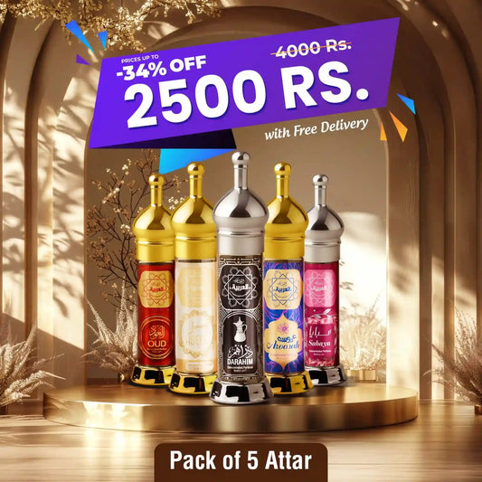 Al Arabia Pack of 5 Attar – Oud, Aseel, Darahim, Aroosah, Sabaya long-lasting Arabic perfume oils combo.