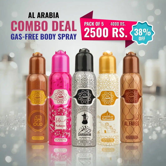 “Pack of 5 Al Arabia Body Spray bottles, each 120ml, displayed together clearly, showcasing sleek design, labels, and packaging, featuring long-lasting Arabic fragrances.”