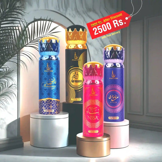 Faateh Pack of 4 Body Spray – Murmaq, Arqum, Nisa, Zunera premium long-lasting Arabic fragrance set with discount offer.