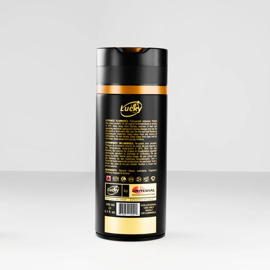 Lucky Fire body spray 150ml back label – product details and safety info