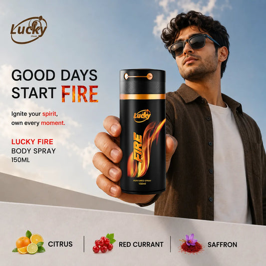 Lucky Fire body spray 150ml front view – intense masculine scent with fiery design