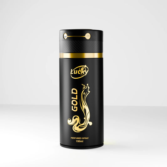 Lucky Gold body spray 150ml front view – luxury fragrance for men with premium packaging