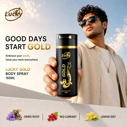 Lucky Gold body spray 150ml front view – luxury fragrance for men with premium packaging