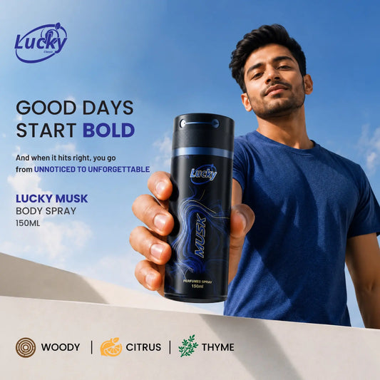 Lucky Musk body spray 150ml front view – classic woody aroma in elegant design