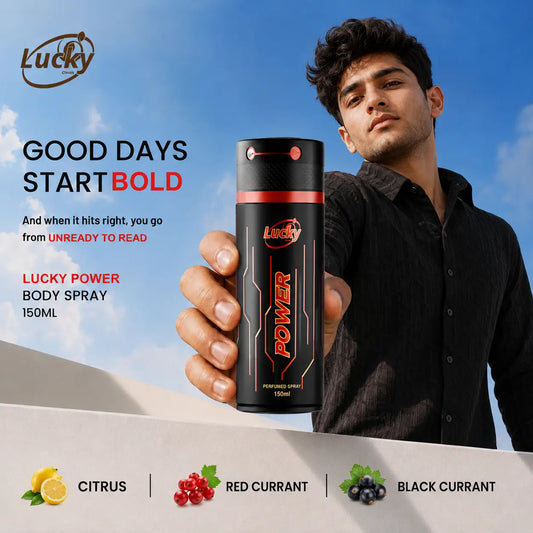 Lucky Power body spray 150ml front view – energetic fresh feel with bold design