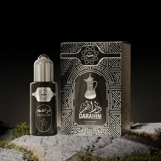 Al Arabia Darahim Eau de Parfum 50ml bottle and box with traditional Arabic design in elegant black and silver