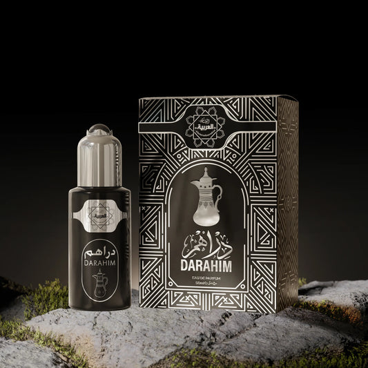 Al Arabia Darahim Eau de Parfum 50ml bottle and box with traditional Arabic design in elegant black and silver