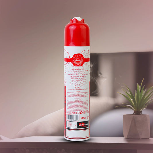 Al Arabia Red Rose Air Freshener 300ml back view – ingredients and details of floral fragrance spray – shop online at thebigbossstore.com