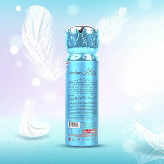 Back view of Faateh Maduo Body Spray – 200ml fragrance mist showing ingredients, usage instructions, and label details from TheBigBossStore