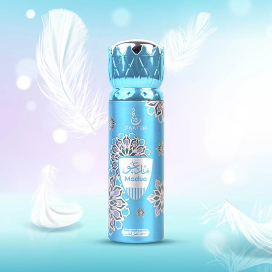 Faateh Maduo Body Spray – 200ml fragrance mist for women in vibrant turquoise blue packaging from TheBigBossStore