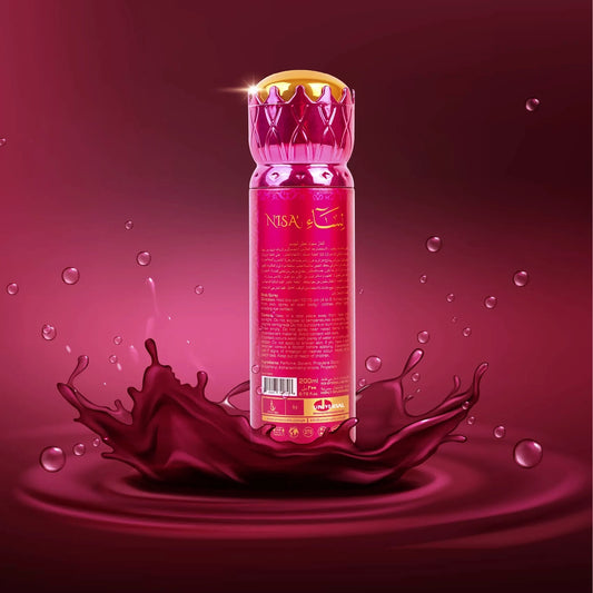 Back view of Faateh Nisa Body Spray – 200ml fragrance mist showing ingredients, usage instructions, and label details from TheBigBossStore