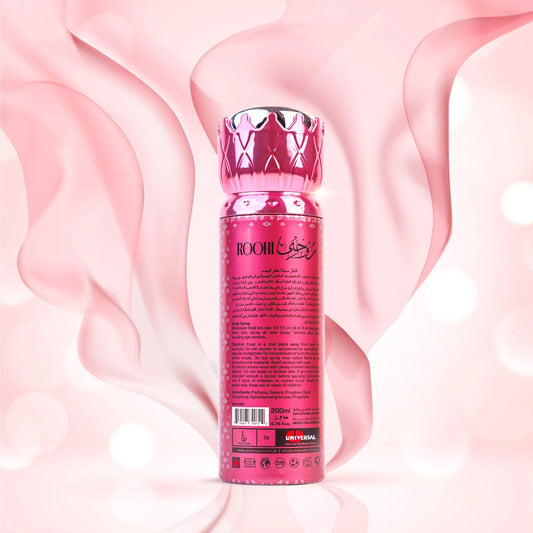 Back view of Faateh Rohi Body Spray – 200ml fragrance mist showing ingredients, usage, and label details from TheBigBossStore