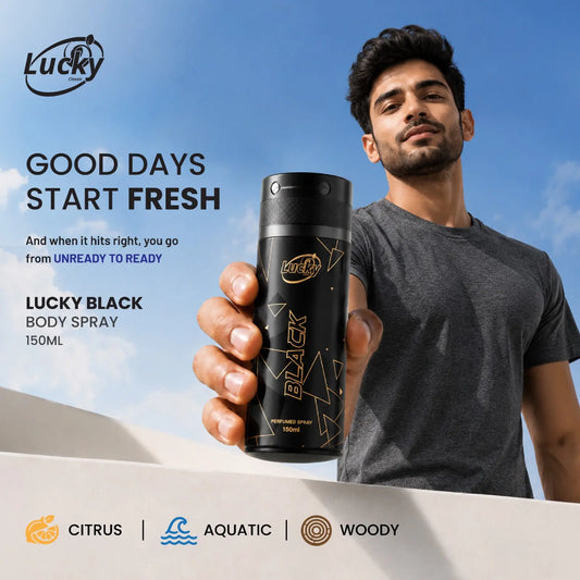 Lucky Black body spray 150ml front view – bold masculine fragrance in sleek design