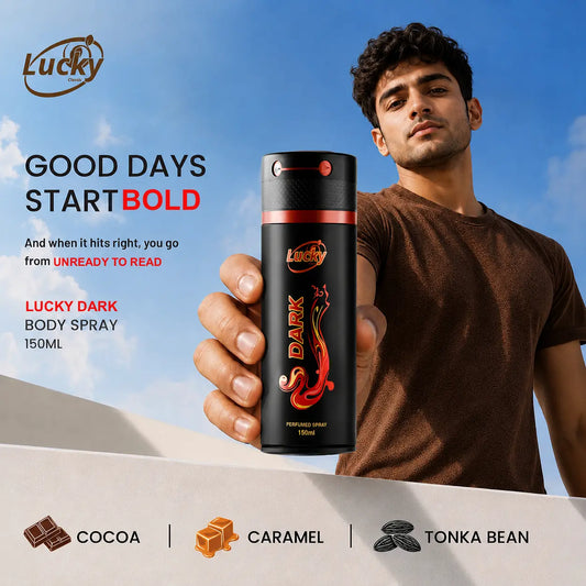 Lucky Dark body spray 150ml front view – intense woody fragrance with bold design