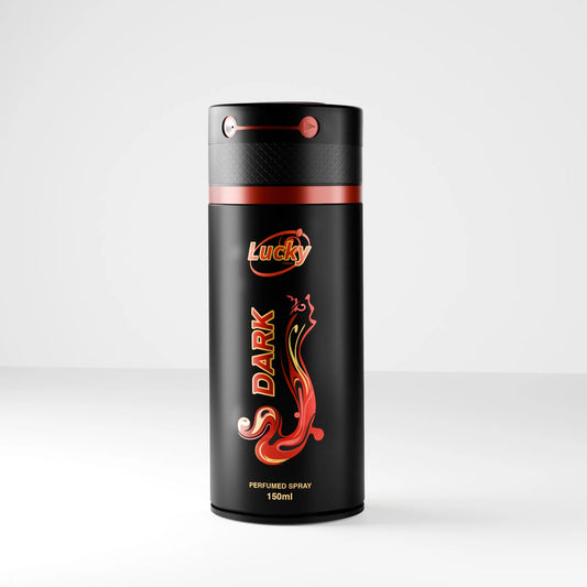Lucky Dark body spray 150ml front view – intense woody fragrance with bold design
