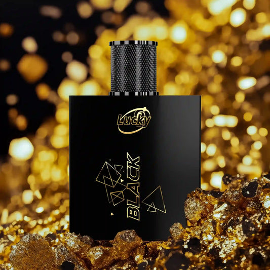 Lucky Black perfume with box banner – bold luxury fragrance with charcoal-themed design