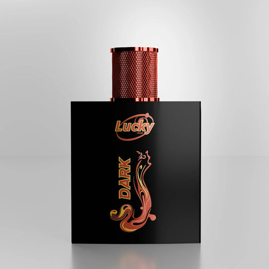 Lucky Dark perfume bottle front view – sleek design with deep black and gold tones