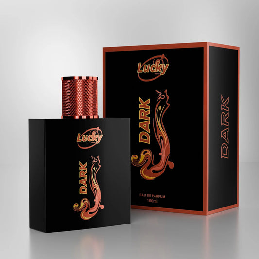 Lucky Dark perfume banner with box – bold masculine fragrance with premium packaging