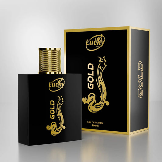 Lucky Gold perfume with box banner – premium men’s fragrance in elegant gold packaging