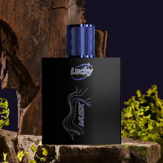 Lucky Musk perfume banner with box – elegant fragrance packaging for men