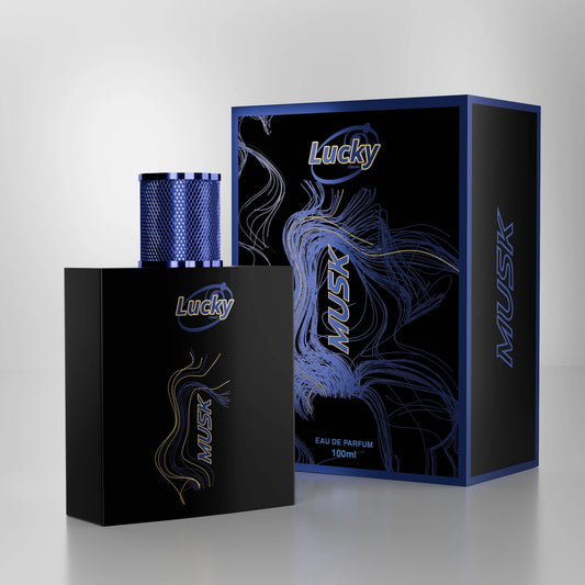 Lucky Musk perfume banner with box – elegant fragrance packaging for men