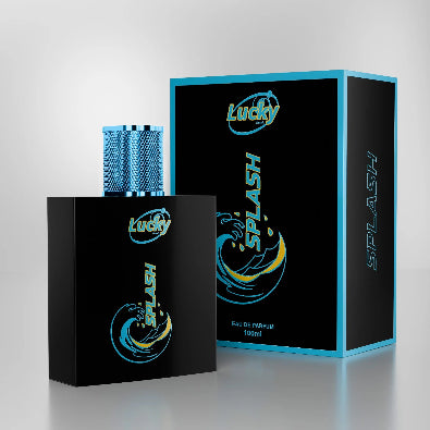 Lucky Splash perfume front view – bold bottle with refreshing aquatic design