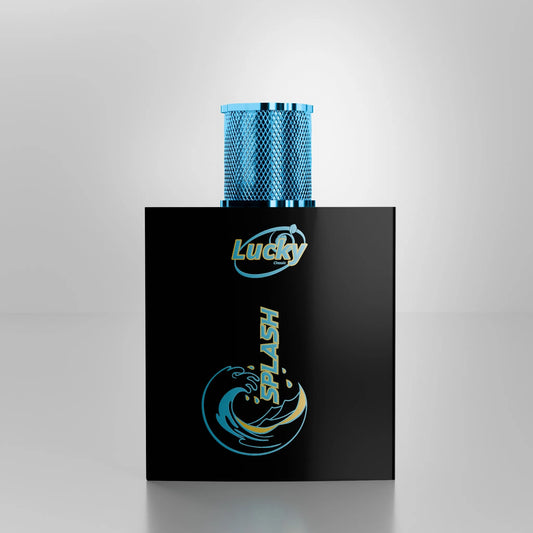 Lucky Splash perfume bottle on display – cool-toned modern fragrance for men