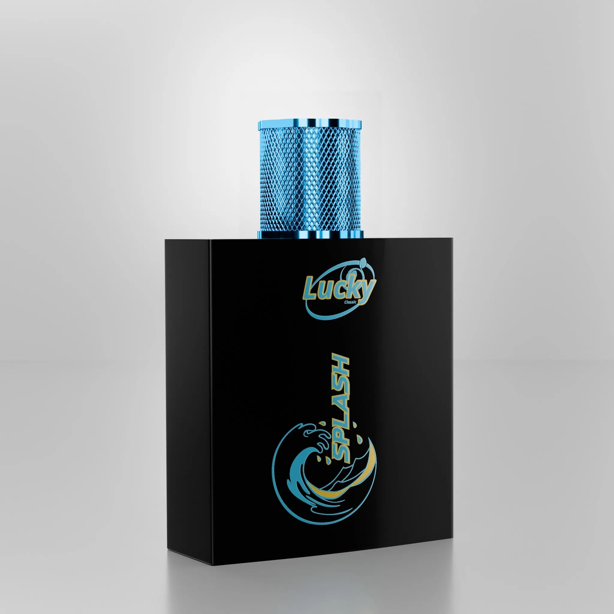 Lucky Splash perfume side view – stylish blue cap with wave branding