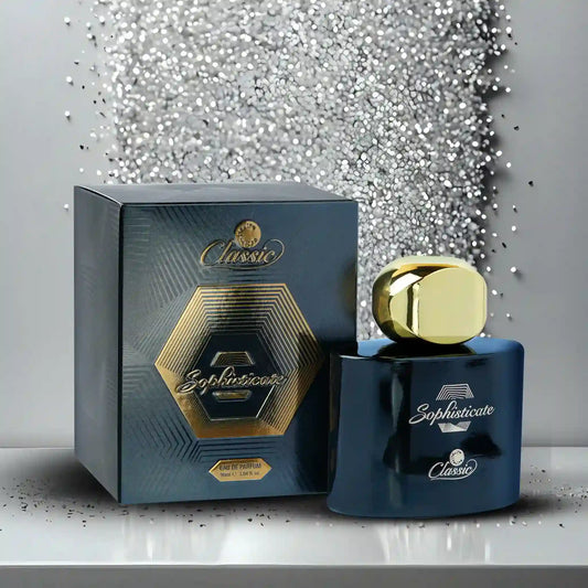 Classic Sophisticate Perfume 100ml dark blue bottle with gold cap and luxury box on silver background.
