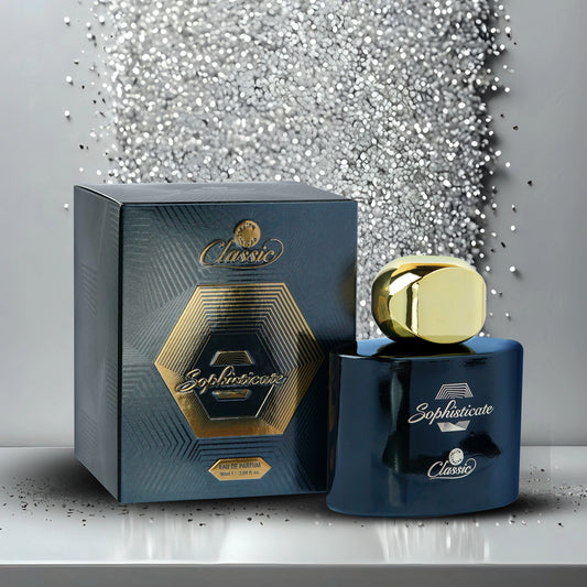 Classic Sophisticate Perfume 100ml dark blue bottle with gold cap and luxury box on silver background.