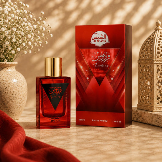 “Al Shams Firdaus Perfume 35ml — both bottle and box shown together in a clear product display from The Big Boss Store.”