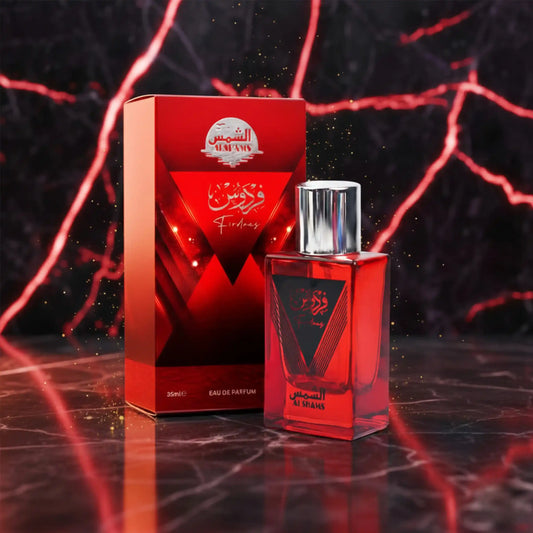βAl Shams Firdaus Perfume 35ml β both bottle and box shown together in a clear product display from The Big Boss Store.β