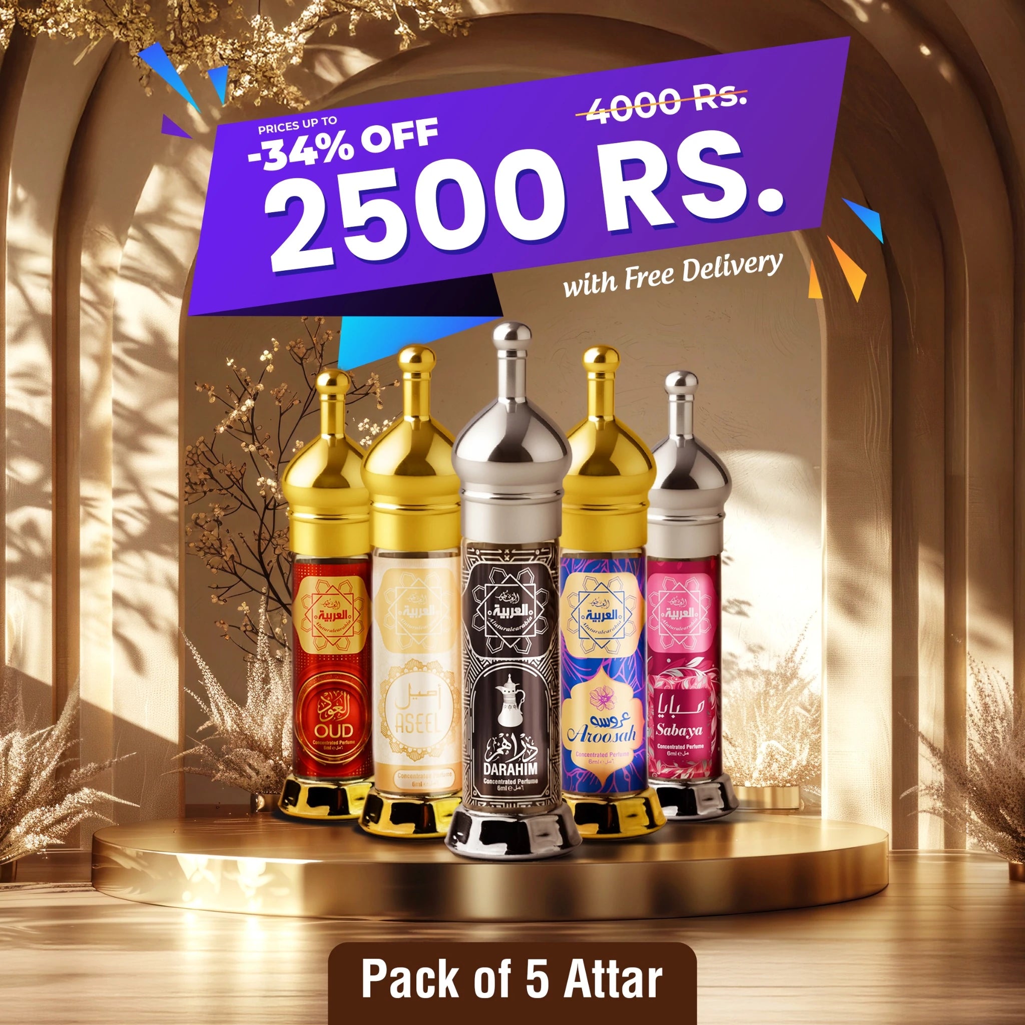 Al Arabia Pack of 5 Attar – Oud, Aseel, Darahim, Aroosah, Sabaya long-lasting Arabic perfume oils combo.
