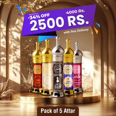 Al Arabia Pack of 5 Attar – Oud, Aseel, Darahim, Aroosah, Sabaya long-lasting Arabic perfume oils combo.