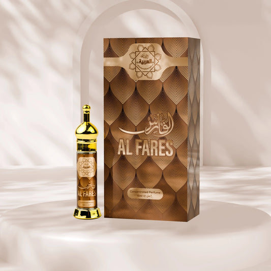 “Al Arabia Al-Fares Attar 6ml — back view of the roll-on perfume bottle displayed clearly, showing label and packaging details, featuring a long-lasting Arabic fragrance.”