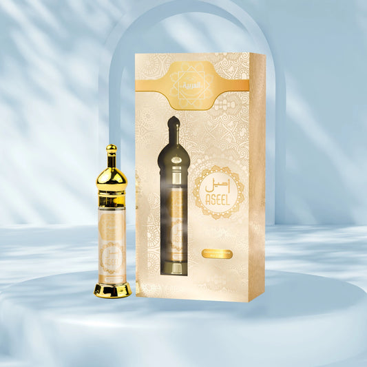 “Al Arabia Aseel Attar 6ml — compact roll-on perfume bottle shown in a clear front-facing product display, featuring a classic long-lasting Arabic fragrance.”