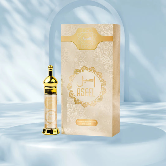 “Al Arabia Aseel Attar 6ml — back view of the roll-on perfume bottle displayed clearly, showing label and packaging details, featuring a long-lasting Arabic fragrance.”