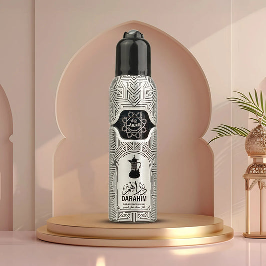 “Al Arabia Darahim Body Spray 120ml — front-facing body spray bottle displayed clearly, featuring a long-lasting Arabic fragrance.”