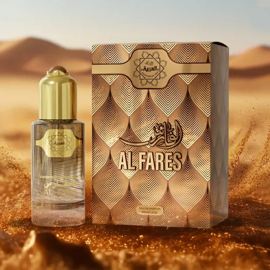 Al Fares perfume by Al Arabia – 50ml Eau de Parfum bottle with luxury gold packaging, displayed on golden desert sand