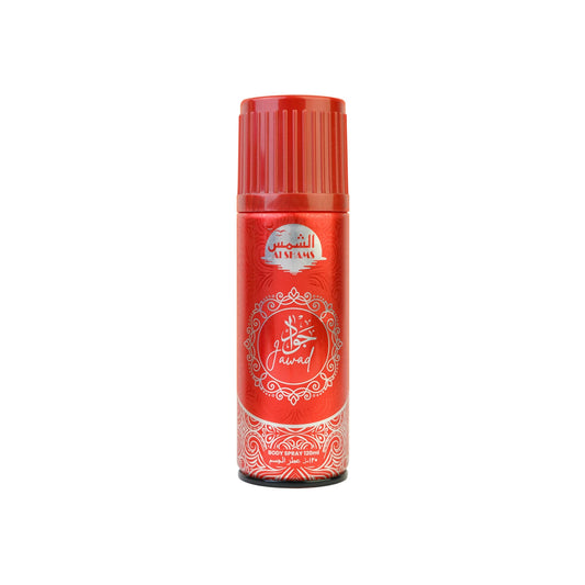 Al Shams Jawad Body Spray 120ml – elegant red perfume deodorant with bold woody spicy fragrance for men.