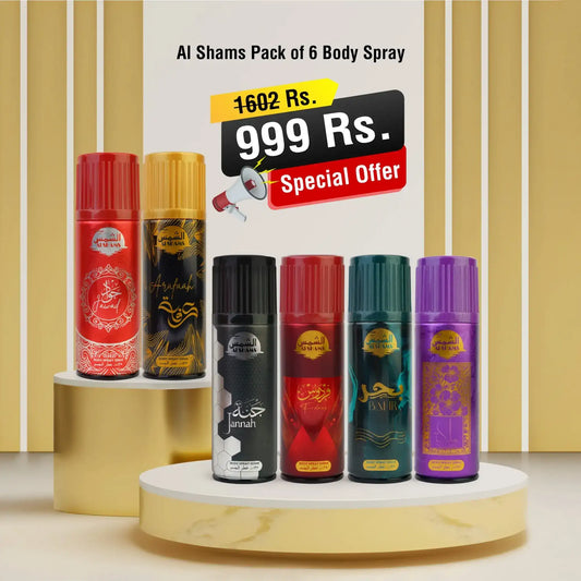 Al Shams Pack of 6 Body Sprays 120 ml – special discount offer 999 Rs featuring Jawad, Arafaah, Jannah, Firdaus, Bahr and Maliqa body sprays with gold display background.