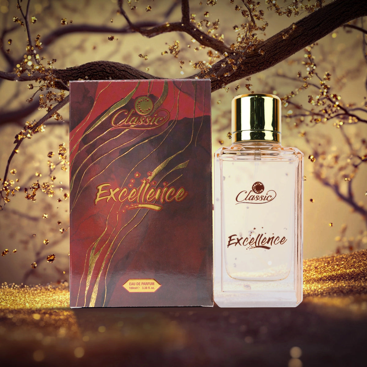 Classic Excellence Perfume 100ml bottle with golden cap and elegant box.