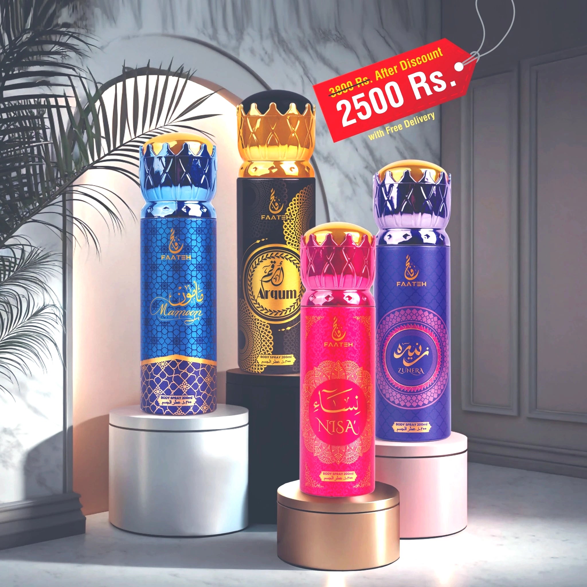 Faateh Pack of 4 Body Spray – Murmaq, Arqum, Nisa, Zunera premium long-lasting Arabic fragrance set with discount offer.