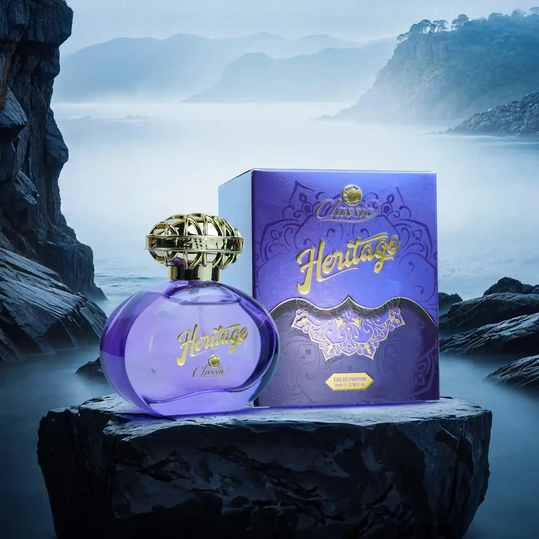 Classic Heritage Perfume 100ml purple bottle with gold cap on rock background.