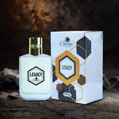 Classic Legacy Perfume 100ml white bottle with hexagon design and gold cap.