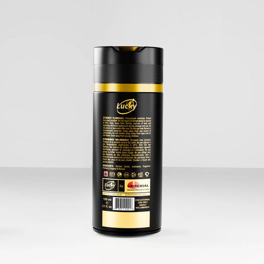 Lucky Gold body spray 150ml back label – ingredients and product usage info