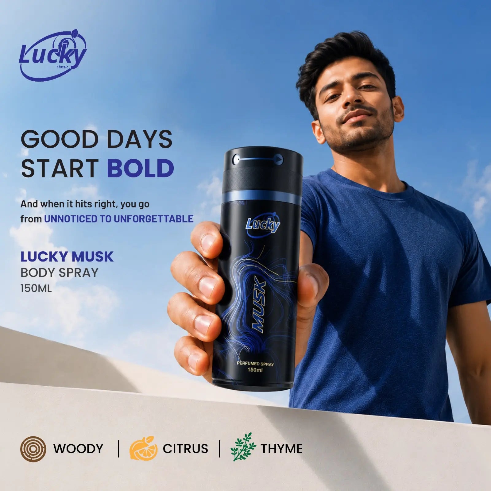 Lucky Musk body spray 150ml front view – classic woody aroma in elegant design