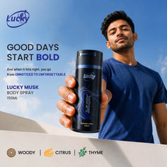 Lucky Musk body spray 150ml front view – classic woody aroma in elegant design