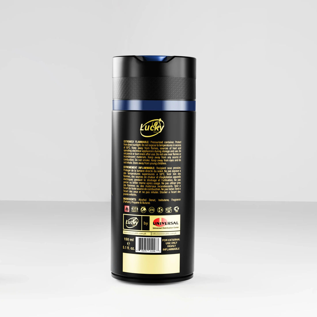 Lucky Musk body spray 150ml back label – product details and ingredients