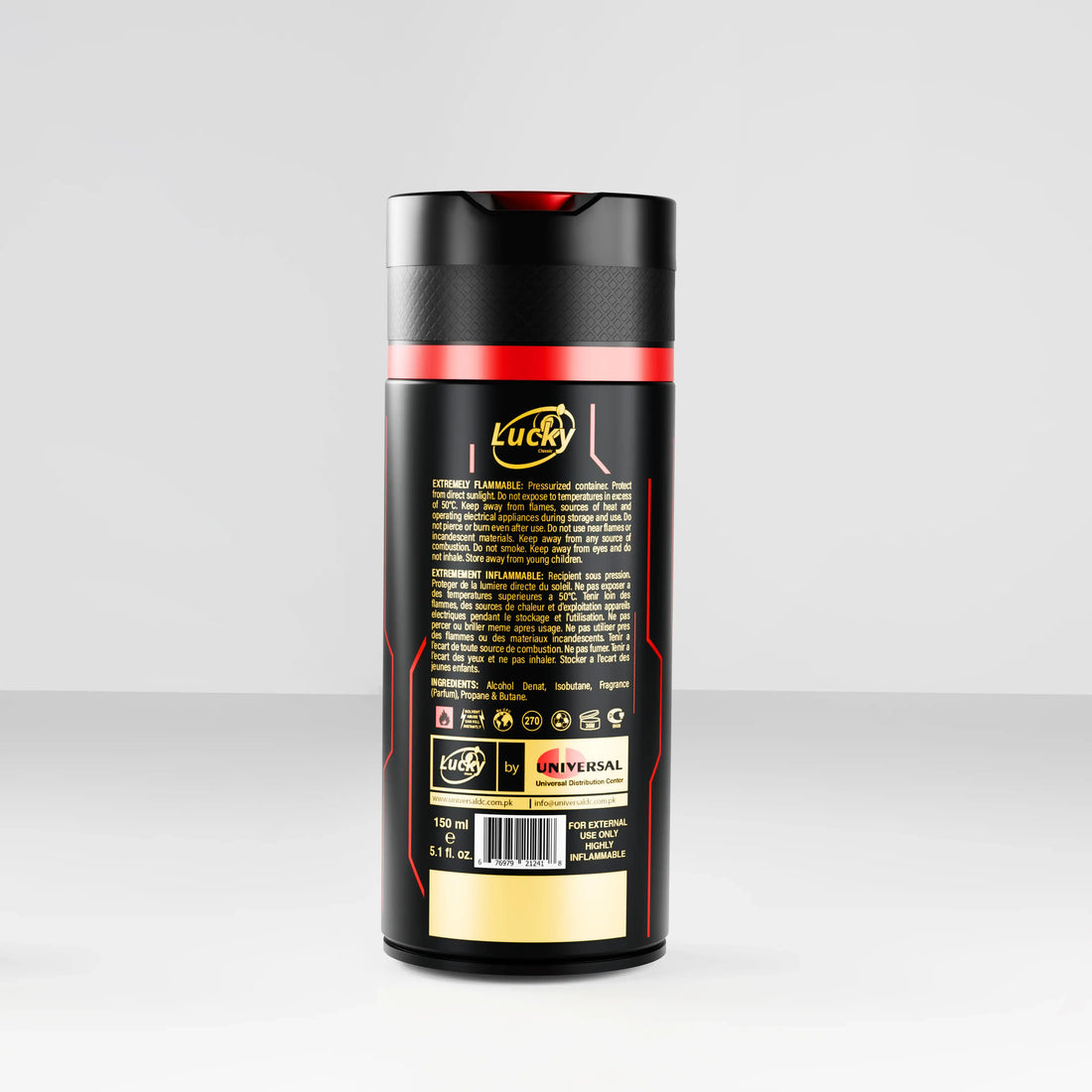 Lucky Power body spray 150ml back label – ingredients, barcode, and safety info